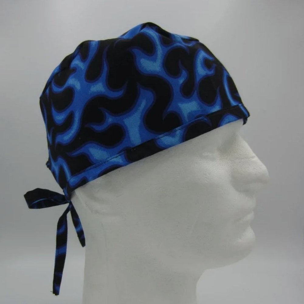 Blue Flames - Men's Tie-back Surgical Scrub Hat